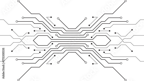 Symmetrical black and white illustration of a futuristic circuit board pattern on a white background.