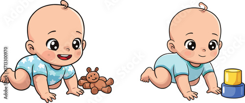Cute babies crawling, playing with toys, teddy bear, stacking cups, early childhood, infant development, happy children, playful activity, cartoon vector illustration