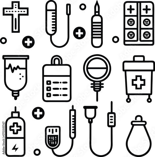 Medical icons set featuring crosses iv bags and donation equipment for healthcare graphics