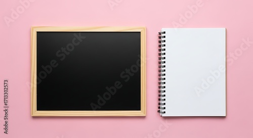 Blank Blackboard and Spiral Notebook on Pink Background
