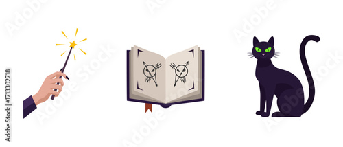 Halloween Witchcraft Icon Set – Magic Wand, Spellbook, Black Cat Vector