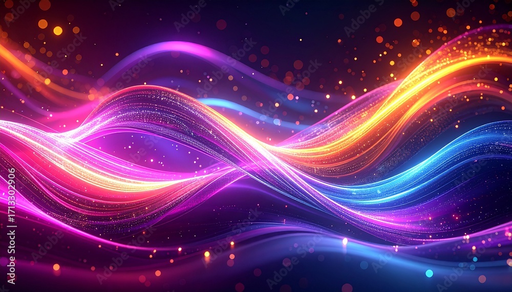 Obraz premium Abstract Colorful Neon Light Waves with Glowing Energy Lines and Particles on Dark Background