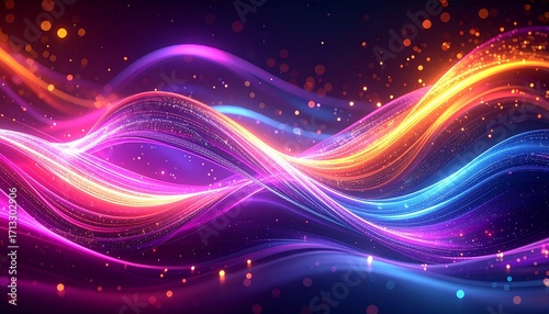 Abstract Colorful Neon Light Waves with Glowing Energy Lines and Particles on Dark Background