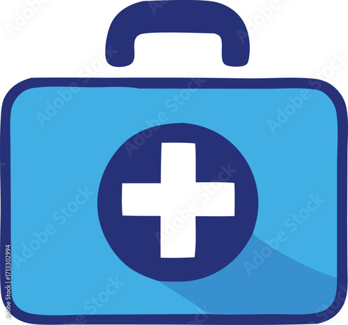 Blue medical first aid kit icon with white cross symbolizing health and emergency care services for medical needs and rescue