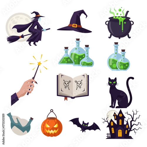 Halloween Witch Icon Set – Broom, Hat, Cauldron, Spell Book, Magic Potion, Black Cat