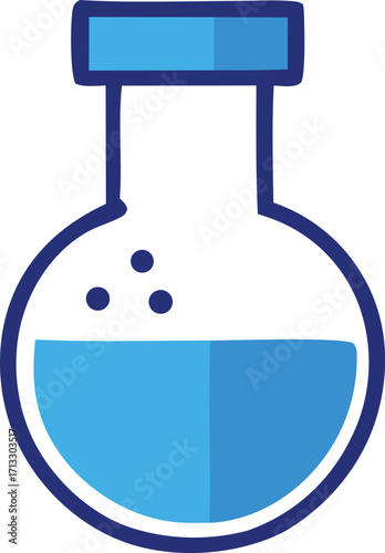 Round bottom laboratory flask with blue liquid and air bubbles representing science experiment or chemistry research concept