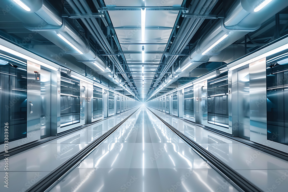 Obraz premium 近代的な製造現場の生産ラインクローズアップ（無人・清潔感）