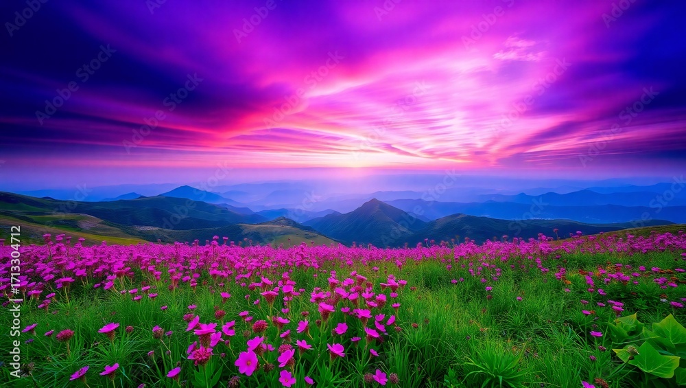 Fototapeta premium Vibrant purple and pink sunset over a wildflower meadow with rolling hills
