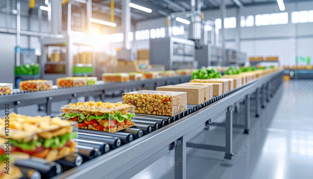 Fototapeta premium Large-Scale Food Manufacturing Operation: Professional Grade Conveyor Belt Infrastructure Handling Premium Bakery Items in Modern Industrial Processing Facility with Efficient Workflow Design