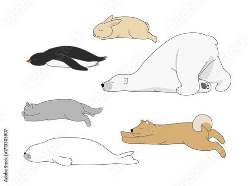 ベタっと寝そべるどうぶつのイラスト