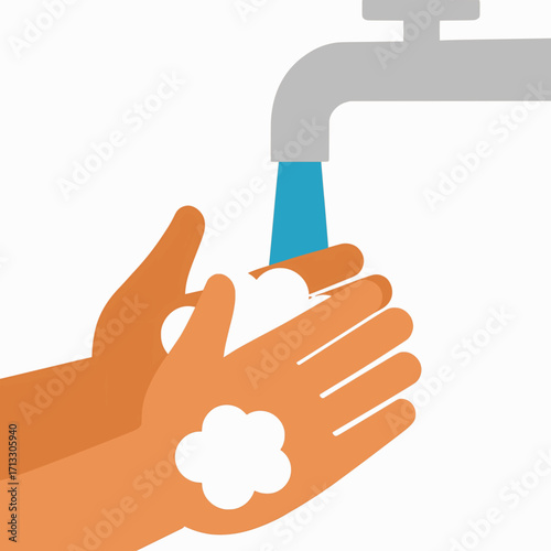 A simple vector illustration of a pair of hands washing under running water with soap, solid colors, white background
