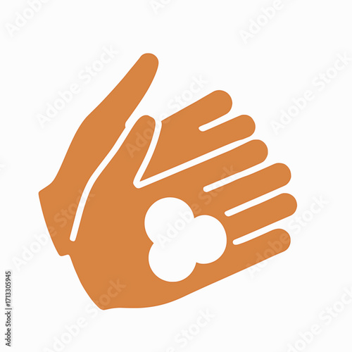 A vector icon of hands rubbing with soap bubbles, solid colors, white background, minimalist style
