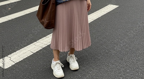 Stylish pedestrian crossing: Pleated skirt, white sneakers, brown tote bag.