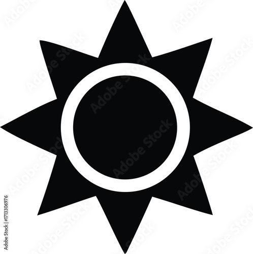 Abstract 8-point star shape with inner circle emblem symbol graphic design element representing radiance celestial body and light