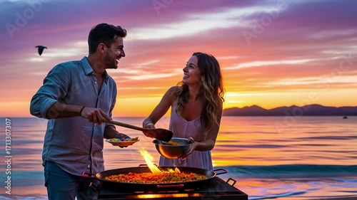 Couple Cooking Together at Beach Sunset Preparing Food