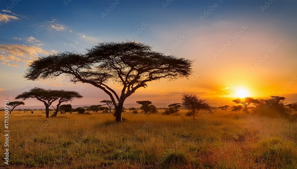 Obraz premium Sunset In Savannah Of Africa With Acacia Trees Safari In Serengeti Of Tanzania