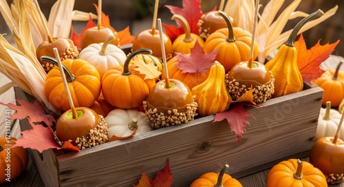 Pumpkins and Caramel Apples in Wooden Box