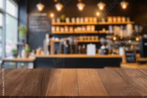 Empty wooden table set against a softly blurred coffee shop backdrop, perfect for showcasing products in a warm, inviting atmosphere