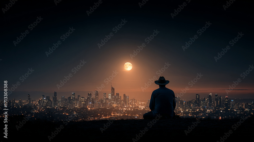 Obraz premium Man with hat overlooking illuminated cityscape under a full moon sky.