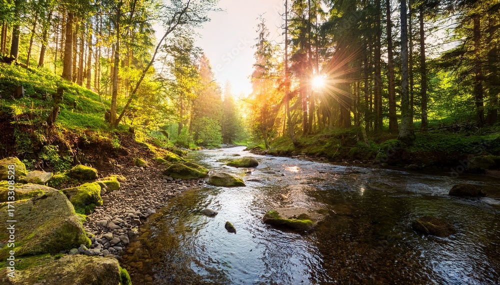 Obraz premium Forest Creek In Warm Sunlight