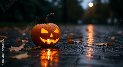 Halloween pumpkin on wet ground with leaves