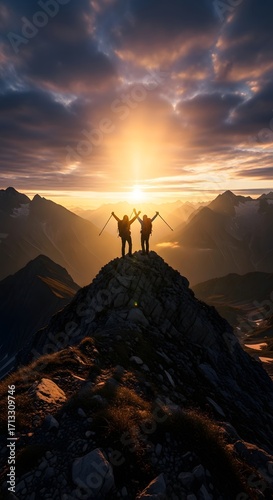 Two hikers silhouetted on a mountain peak at sunrise, celebrating their summit achievement.