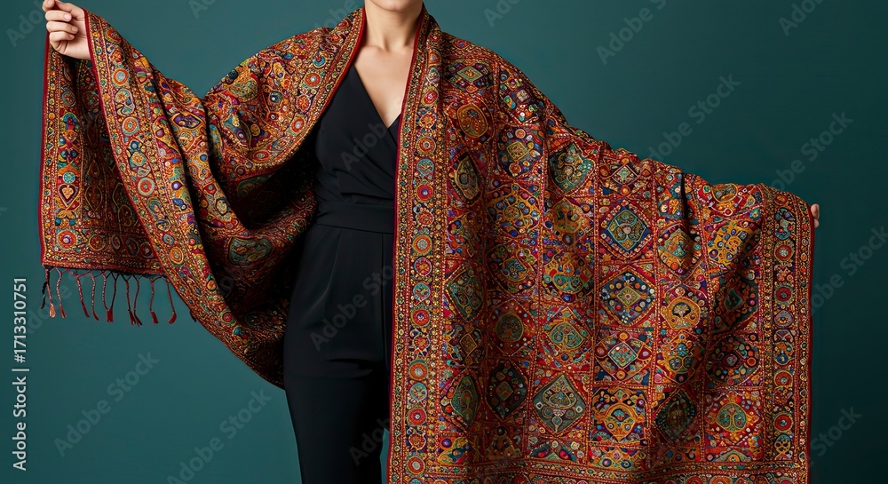 Fototapeta premium Woman draped in vibrant, intricately patterned Kashmiri shawl against teal backdrop.