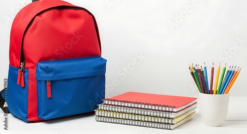 Backpack beside notebooks and pencils on white. Stationary object. Classroom concept. School supply flat lay. Student learning and study.
