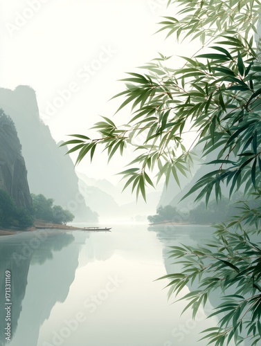 A serene landscape featuring a calm river, bamboo leaves, mountain ranges, and a peaceful atmosphere.