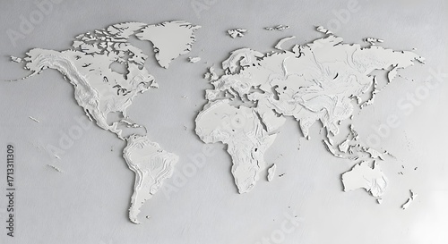 A monochromatic 3D relief world map with textured continents made of white plaster on a gray background.