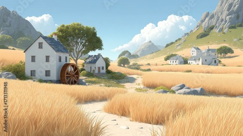A picturesque countryside scene featuring houses, golden fields, mountains, and a clear sky with clouds.
