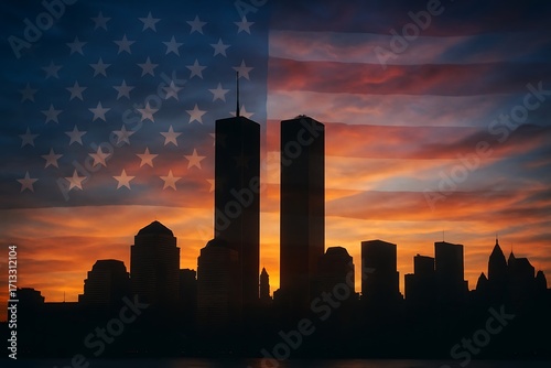 Twin towers silhouette against american flag sunset sky