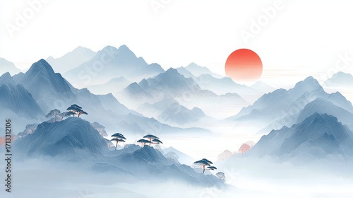 A picturesque mountain landscape featuring mist-covered peaks, a rising sun, and a tranquil atmosphere.