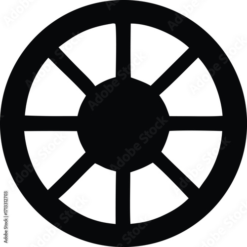 Simple black wheel symbol representing movement rotation transport and abstract design concept with clear spokes and circular outline