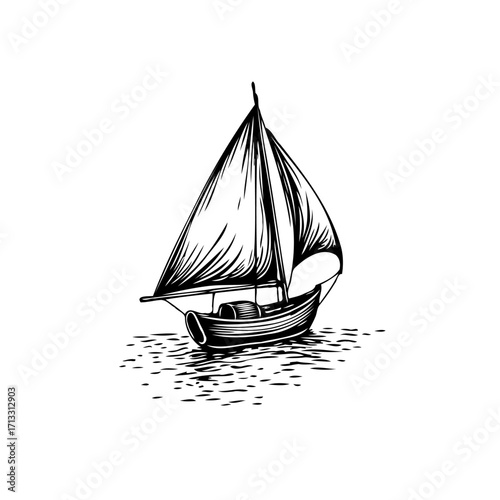 Elegant minimalist sailboat graphic illustration floating peacefully on calm waters in black and