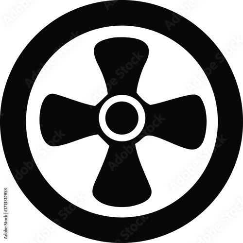 Abstract circular graphic design of a stylized fan or propeller symbol in black and white