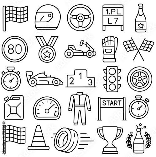 Icon pack, icon sheet, car racing theme, outline version