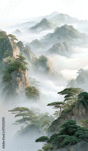 A breathtaking scene of mist - enshrouded mountain peaks with pine trees dotting the rocky slopes.