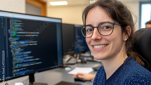 Young Woman Smiling in Front of Computer Screens with Code Display