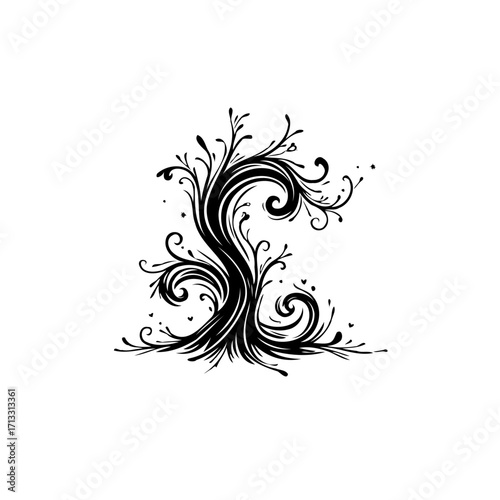 Elegant swirling flourish design element with ornate tendrils and botanical accents creating a