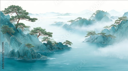 A Chinese style landscape featuring misty mountains, pine trees, and a tranquil water body, showcasing serene natural beauty.