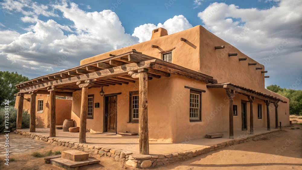 Fototapeta premium Adobe house with wooden porch and cloudy sky in santa fe style