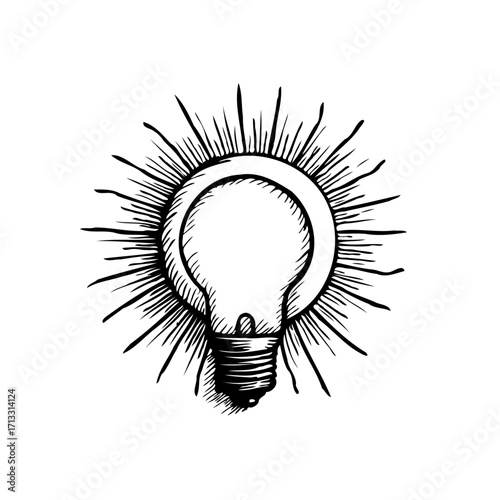 Engraved lightbulb idea with radiating lines, vintage illustration representing conceptual
