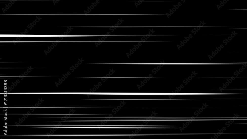 Anime speed lines background. Radial comic zoom effect with fast glowing motion. Horizontal and diagonal manga lines on black. Seamless, loop animation for action or transition overlays. 4k