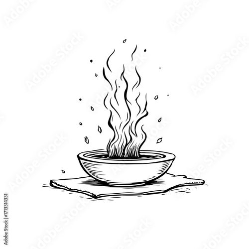 Enigmatic steaming bowl drawing with rising vapors showcasing a blend of ancient and mystical