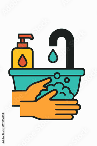 A vector graphic of a handwashing scene with a sink and soap dispenser, solid colors, white background