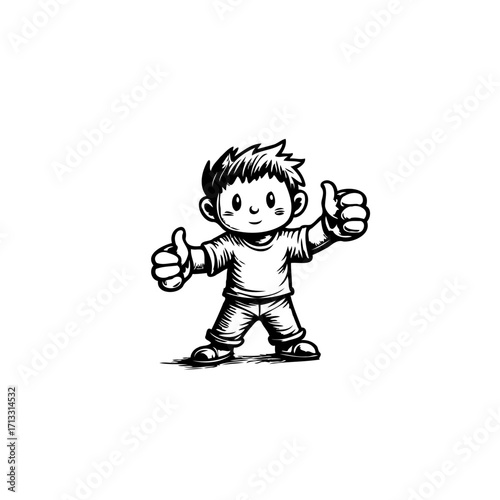 Enthusiastic cartoon boy giving double thumbs up gesture with a cheerful expression and simple