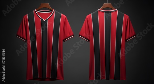 Red and Black Striped Soccer Jersey Mockup, Front and Back Views