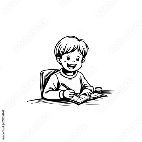 Enthusiastic young student diligently scribbles in a notebook, radiating focus and joy within a