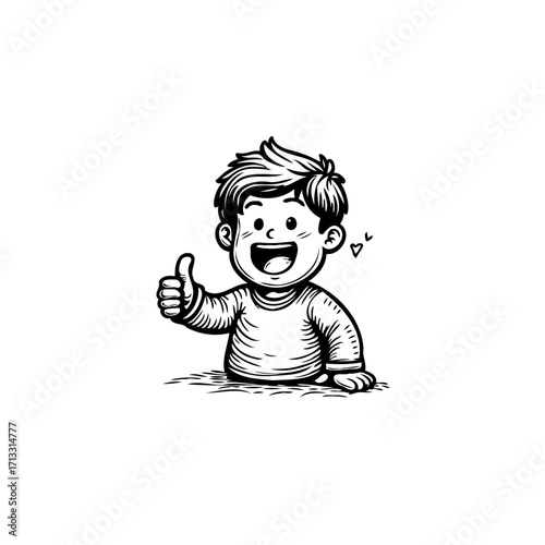 Enthusiastic youth exhibiting approval with a thumbs up gesture in a charming black and white